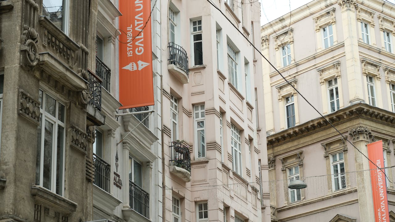 Cinematic view of historical buildings in Istanbul's Galata district, featuring Galata University's facade.